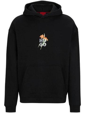 Floral Artwork Oversized Fit Hoodie Black - HUGO BOSS - BALAAN 1