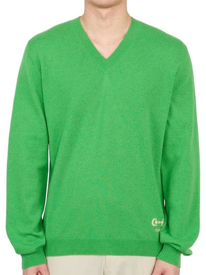 Men's Cashmere Embroidered Logo V-Neck Knit Top Green - GUCCI - BALAAN 2