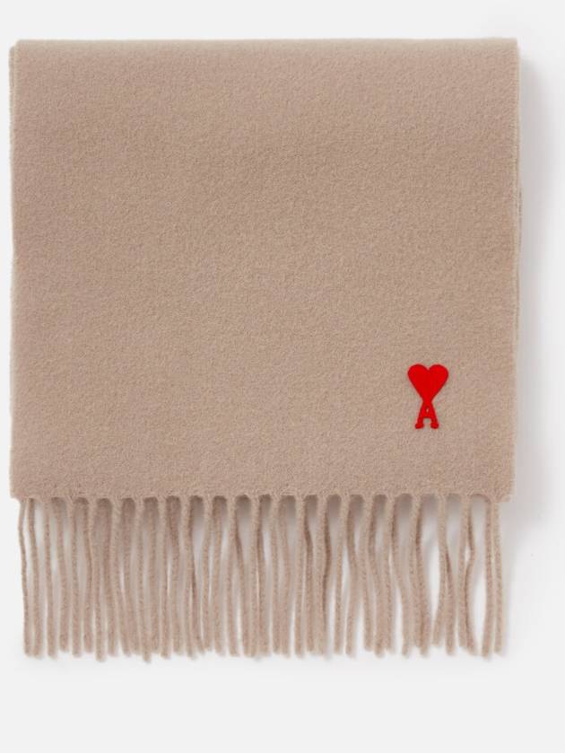 Small Heart Logo Classic Wool Fringe Scarf Beige - AMI - BALAAN 4