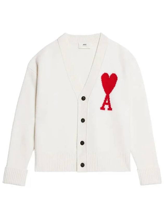 Big Heart Logo Oversized Intarsia Cardigan White - AMI - BALAAN 2