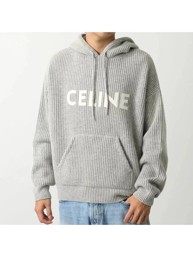 Logo Patch Ribbed Wool Hoodie Light Grey - CELINE - BALAAN 3