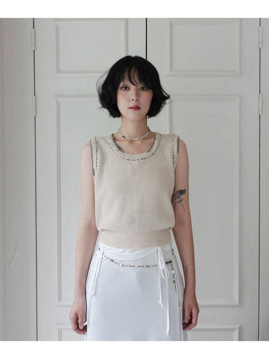 Linen Knit Vest Stitched by Hand OATMEAL women s top - RUBATI - BALAAN 1