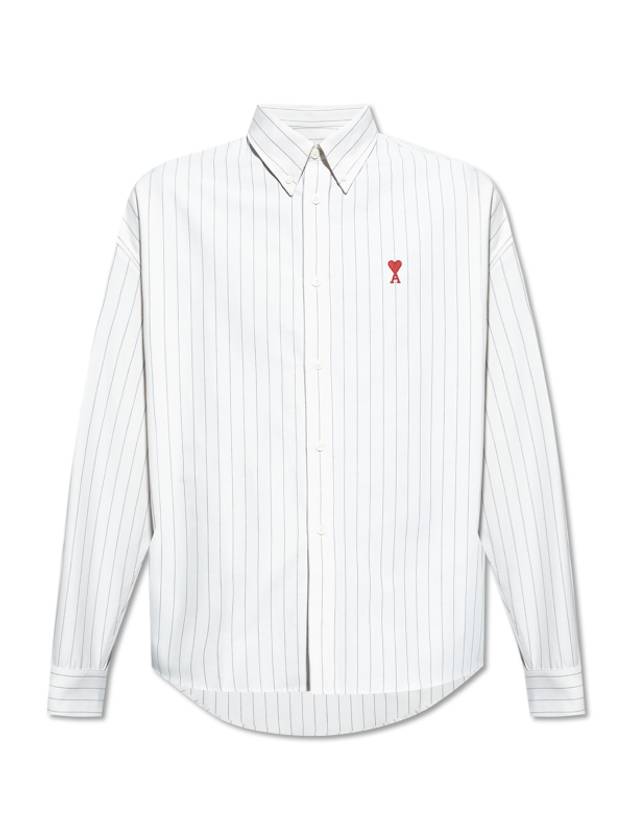 Small Heart Logo Stripe Boxy Fit Long Sleeve Shirt Chalk - AMI - BALAAN 2