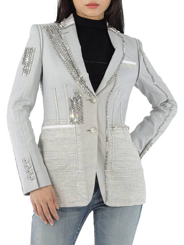 Burberry Ladies Grey Melange Technical Linen Blazer with Crystal Embroidery, Brand Size 6 (US Size 4) - BURBERRY - BALAAN 1