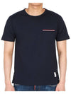 Men's Medium Weight Jersey Tipped Pocket Crewneck Short Short Sleeve T-Shirt Navy - THOM BROWNE - BALAAN 4