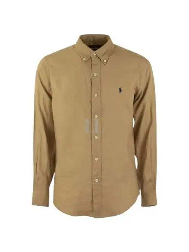 Embroidered Logo Linen Long Sleeve Shirt Brown - POLO RALPH LAUREN - BALAAN 2