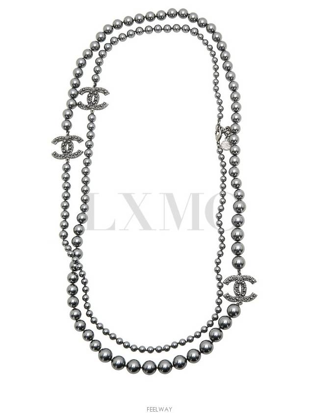 100th Anniversary Ruthenium Long Necklace CC Logo Chain Pearl Gray - CHANEL - BALAAN 8