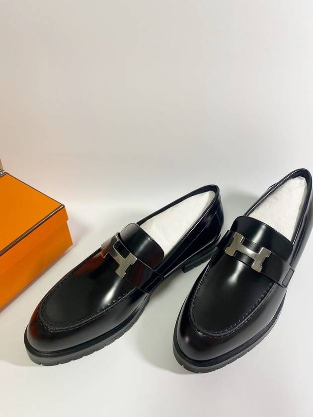 Faubourg Glazed Calfskin Palladium Loafers Noir - HERMES - BALAAN 5