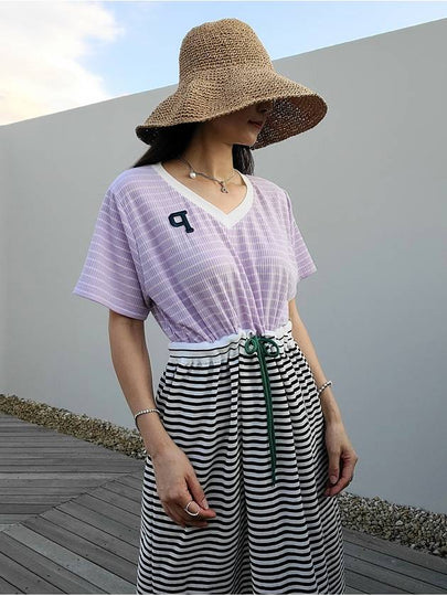 e Women's Lilac Striped Jersey Long Dress Lilac Purple - PRETONE - BALAAN 2