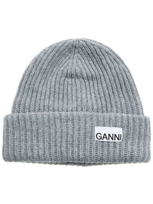 Logo Patch Knit Beanie Grey - GANNI - BALAAN 11