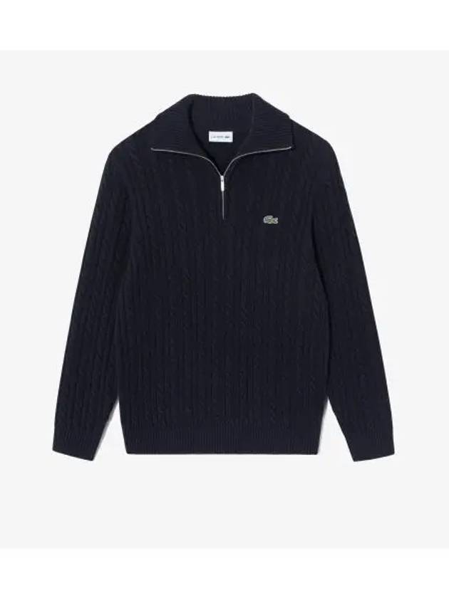 Men s Cable Half Zip Up Wide Collar Pullover Dart Navy - LACOSTE - BALAAN 1