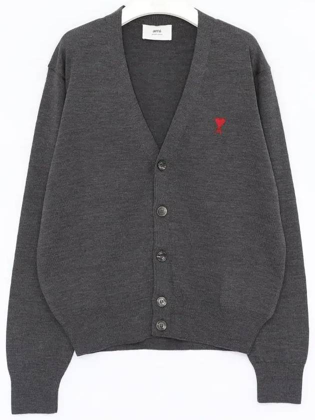 Red Heart Logo Merino Wool Cardigan Heather Grey - AMI - BALAAN 3