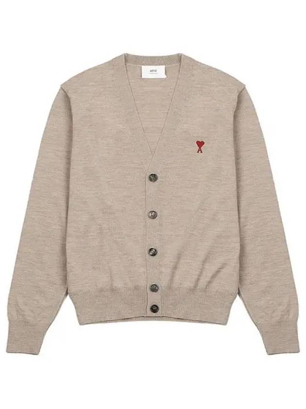 Red Heart Logo Merino Wool Cardigan Beige - AMI - BALAAN 2