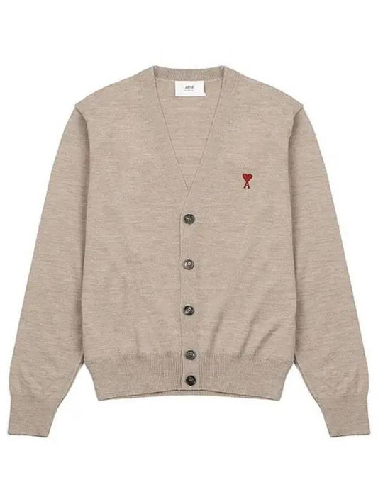 Red Heart Logo Merino Wool Cardigan Beige - AMI - BALAAN 2