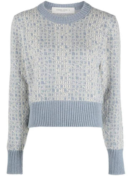 Women's Jacquard Lettering Motif Crop Round Neck Knit Top Light Blue - GOLDEN GOOSE - BALAAN 1