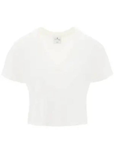 Embroidered Logo V-neck Crop Short Sleeve T-shirt White - COURREGES - BALAAN 1