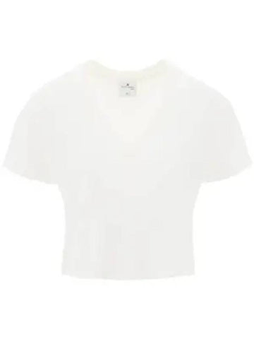 Embroidered Logo V-neck Crop Short Sleeve T-shirt White - COURREGES - BALAAN 1