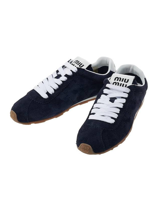 Women's Logo Patch Suede Low Top Sneakers Navy - MIU MIU - BALAAN 1