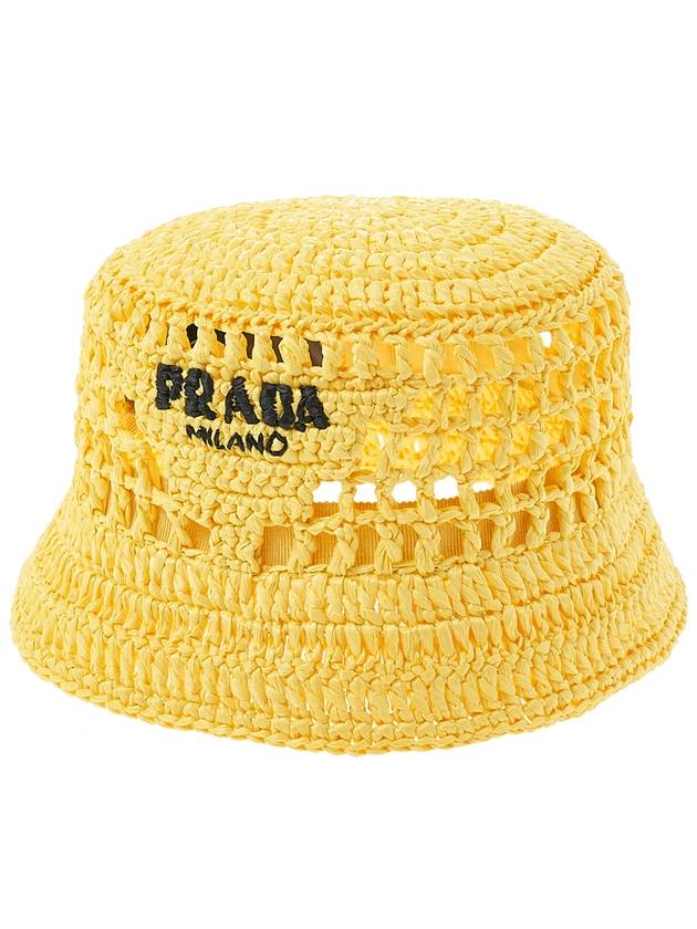 embroid logo raffia bucket hat yellow - PRADA - BALAAN.