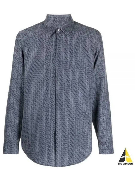 Men's Silk Long Sleeve Shirt Blue - FENDI - BALAAN.