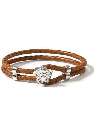 Medusa Braided Leather Bracelet Brown - VERSACE - BALAAN 1