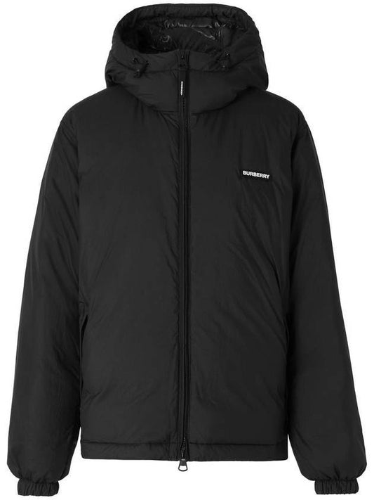 Men's Embroidered Logo Nylon Hooded Jacket Black - BURBERRY - BALAAN.