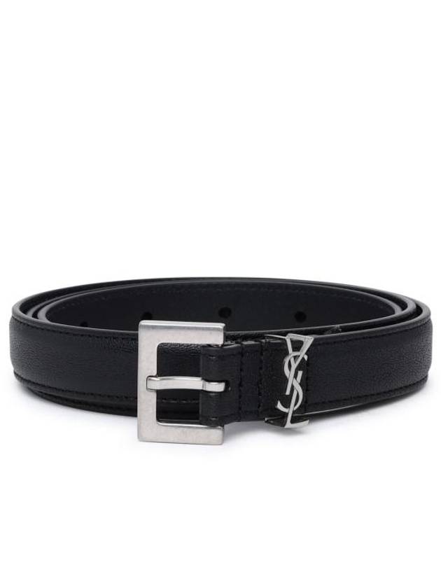 Men's Monogram Silver Buckle Leather Belt Black - SAINT LAURENT - BALAAN 2