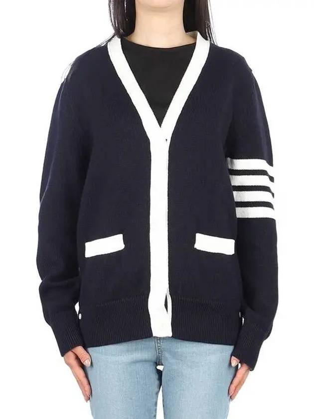 Cotton Jersey Flower 4 Bar V Neck Cardigan Navy - THOM BROWNE - BALAAN 2