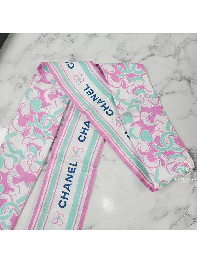 CC Logo Flower Pattern Print Silk Slim Bandeau Twilly Petite Scarf Pink AA8141 - CHANEL - BALAAN 6