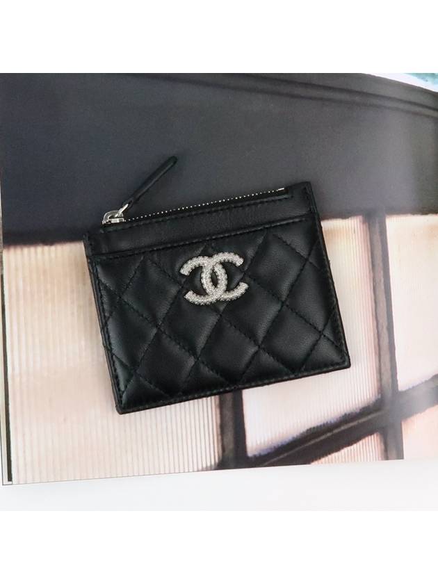 CC Logo Lambskin Silver Zipper Card Wallet Black - CHANEL - BALAAN 3