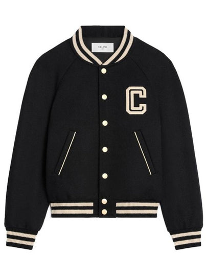 Teddy Embroidered Logo Textured Wool Bomber Jacket Black - CELINE - BALAAN 2