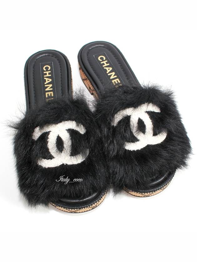 CC Logo Fur Shearling Mule Slippers Black G39357 - CHANEL - BALAAN 6