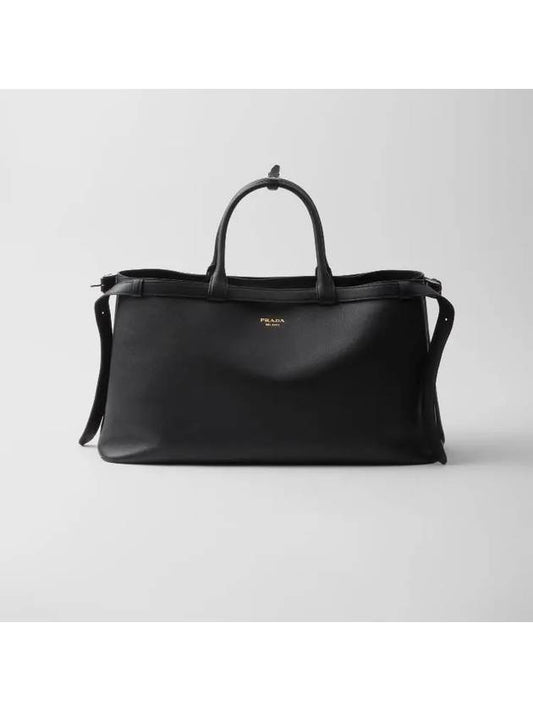 Double Belt Buckle Leather Tote Bag Black - PRADA - BALAAN 1