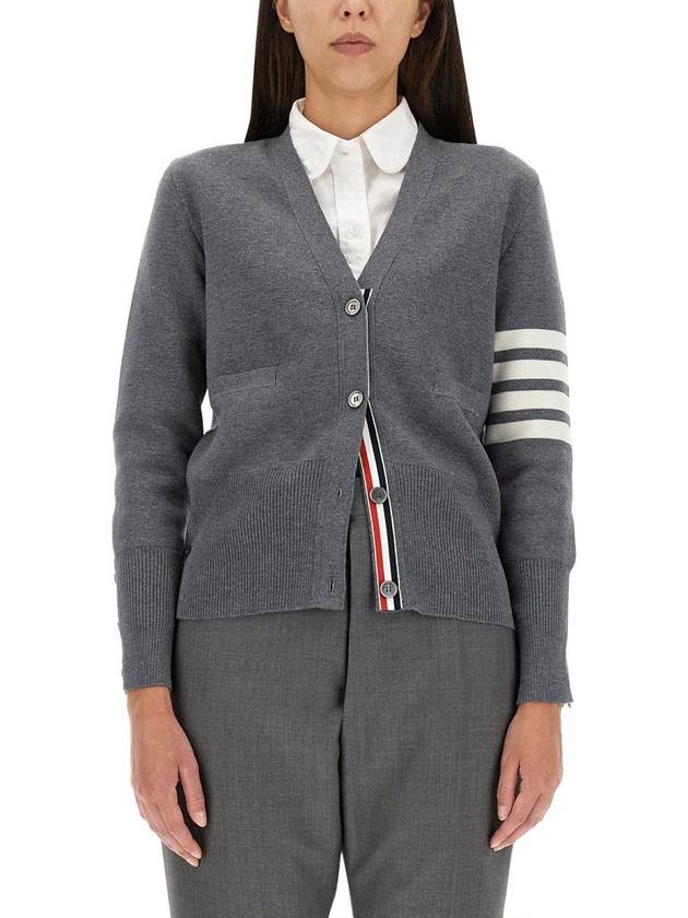 Milano Stitch 4 Bar Classic V Neck Fine Merino Wool Cardigan Medium Grey - THOM BROWNE - BALAAN 6