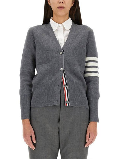 Milano Stitch 4 Bar Classic V Neck Fine Merino Wool Cardigan Medium Grey - THOM BROWNE - BALAAN 2