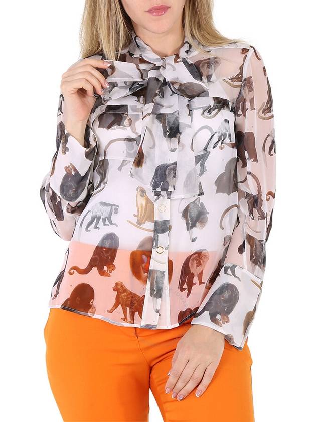 Burberry Ladies Amelie Monkey Print Silk Pussy-Bow Blouse, Brand Size 6 (US Size 4) - BURBERRY - BALAAN 1