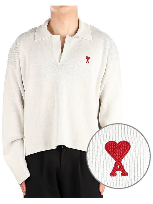 Small Heart Long Sleeve Polo Shirt White - AMI - BALAAN 2