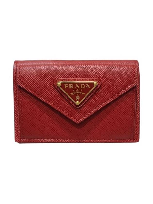 Women s 1MH021 Red Saffiano Gold Triangular Logo Mini Bicycle Wallet - PRADA - BALAAN 1