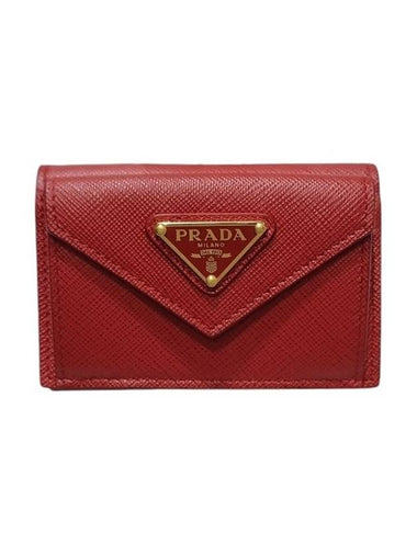 Women s 1MH021 Red Saffiano Gold Triangular Logo Mini Bicycle Wallet - PRADA - BALAAN 1