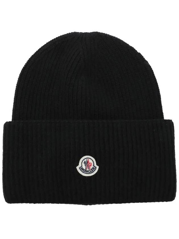 3B00048 M1241 999 Logo Patch Black Wool Beanie - MONCLER - BALAAN 1