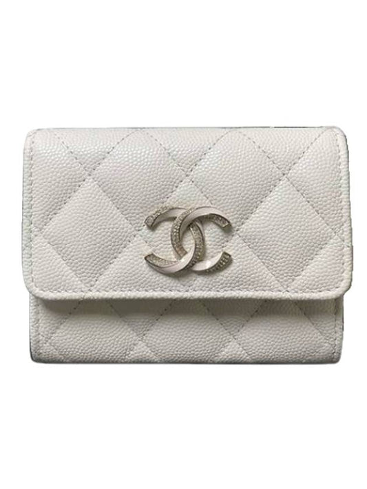 Women's CC Logo Caviar Flap Card Wallet White - CHANEL - BALAAN 1