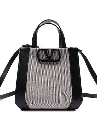 V Logo Canvas Leather Tote Bag Grey Black - VALENTINO - BALAAN 2