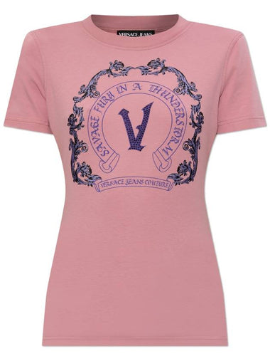 Versace Jeans Couture T-shirt With Print And Shimmering Appliqués, Women's, Pink - VERSACE - BALAAN 1