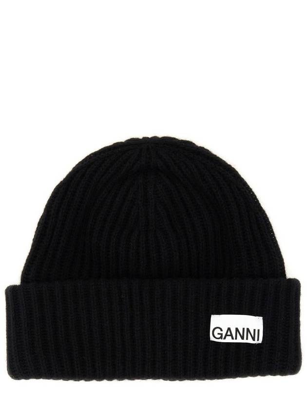 Logo Patch Knit Beanie Black - GANNI - BALAAN 3