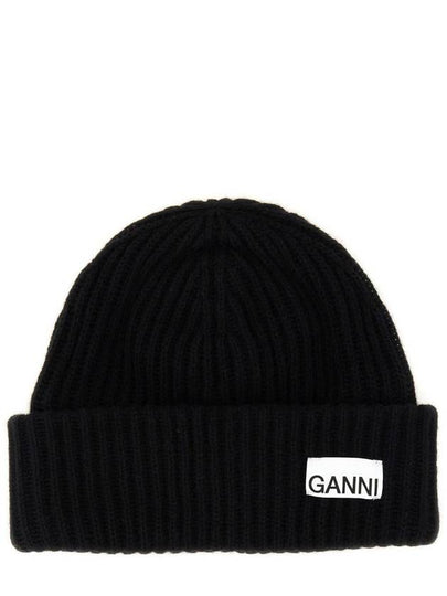 Logo Patch Knit Beanie Black - GANNI - BALAAN 2