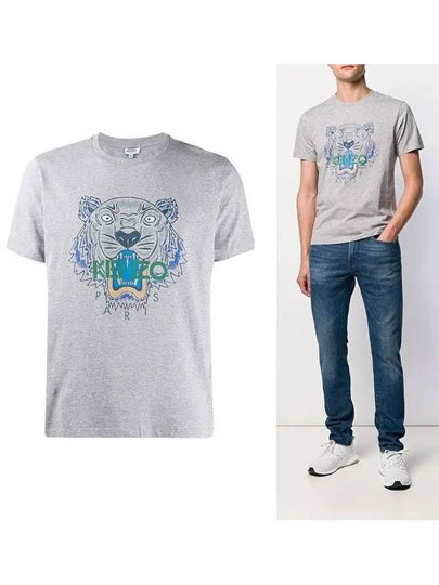 Tiger Embroidered Logo Cotton Short Sleeve T-Shirt Grey - KENZO - BALAAN 2