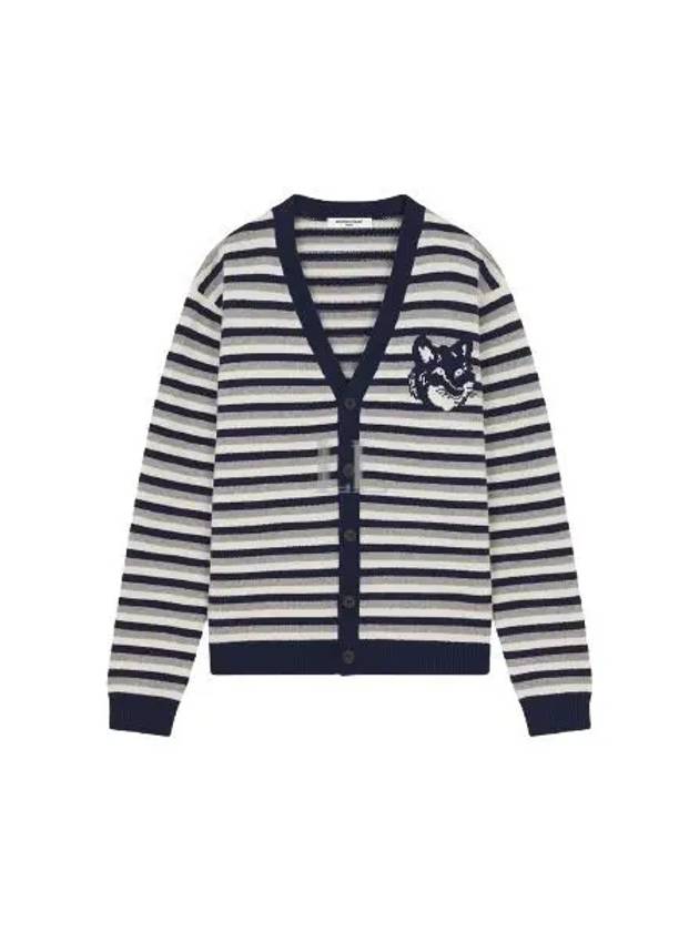 Fox Head Intarsia Striped Comfort Cardigan Navy White - MAISON KITSUNE - BALAAN 2