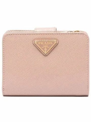 Triangle Logo Saffiano Half Wallet Pink - PRADA - BALAAN 1