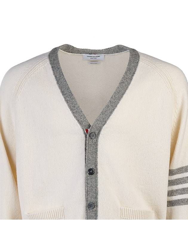 V-Neck 4-Bar Wool Cardigan White - THOM BROWNE - BALAAN 5