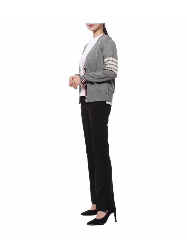 Sustainable Fine Merino Wool 4-Bar Relaxed Fit V-Neck Cardigan Light Grey - THOM BROWNE - BALAAN 5